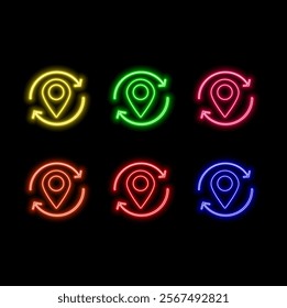 location pin icon in neon style. Simple thin line, outline vector of web, minimalistic icons for UI and UX, website or mobile application.