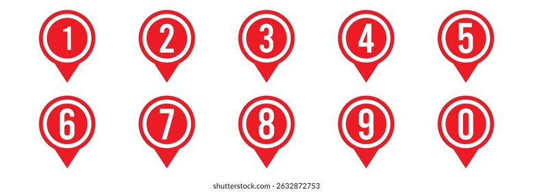 Ícone de pin de localização com conjunto de números. conjunto de ícones Pin de localização, Pin de mapa, Inserir, ícone de localização. Pinos de localização com números de 1 a 9. Ilustração vetorial.