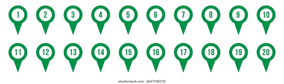 Ícone de pin de local com número definido. O marcador aponta números de um a nove e zero. Ilustração vetorial em eps 10.