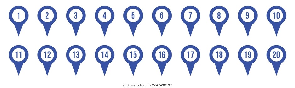 Location pin icon with number set. Bullet Points Numbers from One to nine and zero. Vector illustration in eps 10.