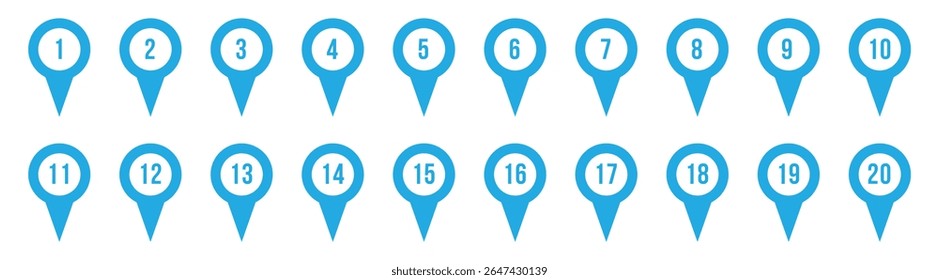 Location pin icon with number set. Bullet Points Numbers from One to nine and zero. Vector illustration in eps 10.