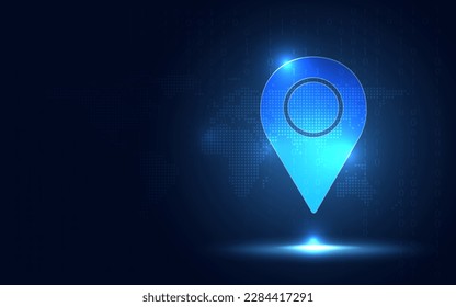 Location pin icon on blue background with copy space. Sharing location and Business database concept. Big data theme. New futuristic digital system technology sign and symbol. Vector illustration.