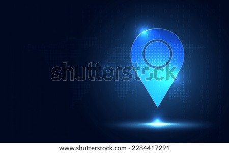 Location pin icon on blue background with copy space. Sharing location and Business database concept. Big data theme. New futuristic digital system technology sign and symbol. Vector illustration.