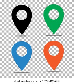 location pin icon on transparent. pin on the map sign. flat style. black, green, blue and orange location pin symbol. map pointer symbol. map pin sign. compass location icon.