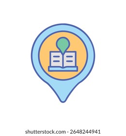 A location pin icon with an open book, rendered in a simple flat style with soft colors.