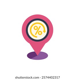 Location pin icon pointing at discount percentage symbol for retail, sale and shopping promotion