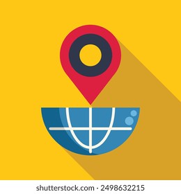 Location pin icon pointing at half earth globe on yellow background