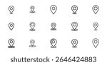 Location pin icon set. GPS map marker symbols in modern outline style. Navigation point design collection for apps, maps, and interfaces.

