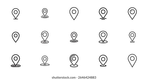 Location pin icon set. GPS map marker symbols in modern outline style. Navigation point design collection for apps, maps, and interfaces.
