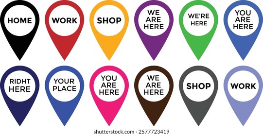  location pin icon set. Pin map location icons. You are here, we are here, shop, work, home pointer tag collection