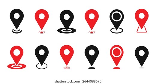 Location pin icon set map pointer gps navigation marker distance route business address destination indicator pinpoint button vector icons collection black white silhouette design