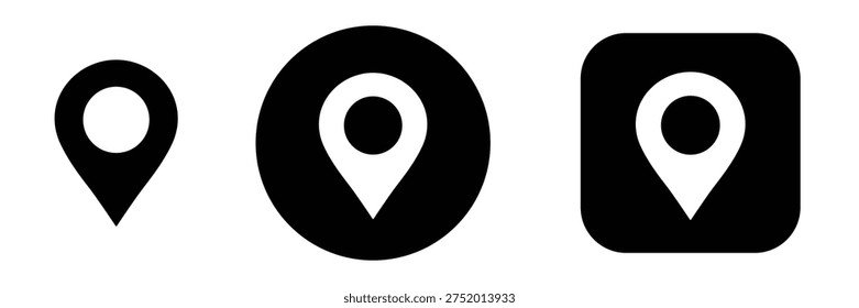 Location pin icon set showing map, marker, navigation and place actions with button style controls for UI interface, representing location selection, gps tracking and address points for web and mobile apps
