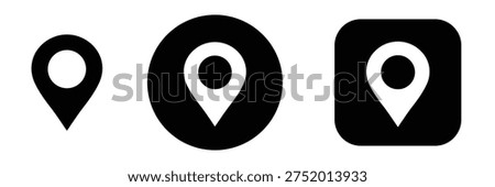 Location pin icon set showing map, marker, navigation and place actions with button style controls for UI interface, representing location selection, gps tracking and address points for web and mobile apps