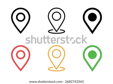 Location pin icon set in various colors on a white background, perfect for adding location markers to maps and indicating points of interest.