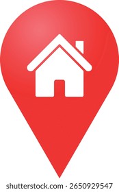 Location Pin Icon: A striking red location pin icon, featuring a minimalist white house silhouette, signifies home or property address, perfect for real estate and property related projects.