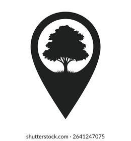 Location pin icon tree silhouette nature map.