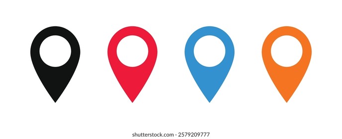 Location Pin Icon Vector, GPS, Map Position Marker icon set in black, red, blue and yellow color. Destination icon. Vector illustration