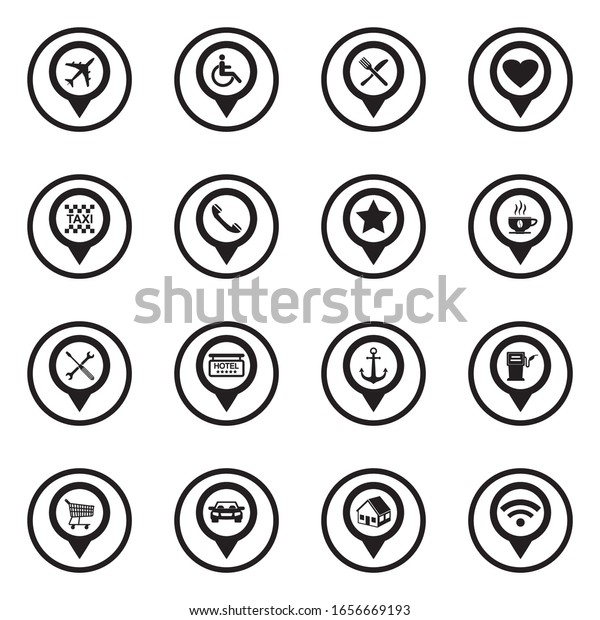 Location Pin Icons. Black Flat Design In\
Circle. Vector\
Illustration.