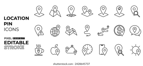 location pin icons collection with map, weather, location, food, search travel and path with editable stroke