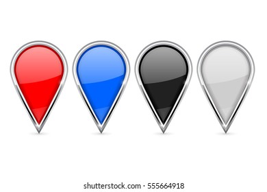 Location pin icons. Colored set with chrome frame. Vector 3d illustration isolated on white background