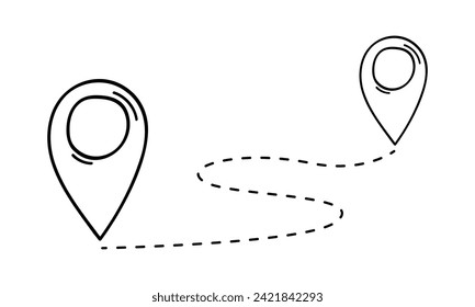 Location pin icons in doodle style. Trip, navigation, destination, delivery, target pictograms. Hand drawn roadmap sign isolated on white background. Relocation concept. Vector outline illustration