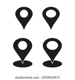 Location pin icons. Map marker shapes. Black vector spots. Geolocation point symbols.