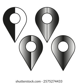 Location pin icons. Map marker symbols. Geometric vector shapes. Gradient black details.