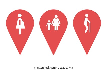 Location pin icons. Map pin place marker. Location icon. Map marker pointer icon set. GPS location symbol collection. Location icons indicating pregnant, elderly, women with children