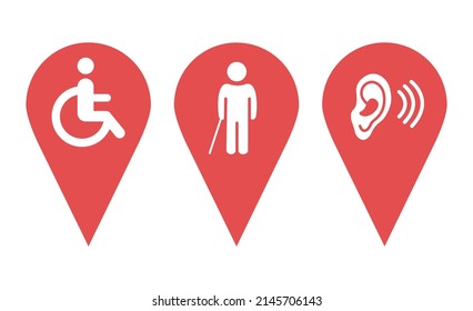 Location pin icons. Map pin place marker. Location icon. Map marker pointer icon set. GPS location symbol collection. Location icons indicating parking people with disabilities