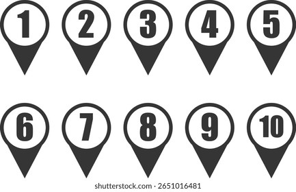 Location pin icons with number 1-10. Map point symbol. global positioning system. Numbered Map Pins. navigation and mapping use sign. simple and easily recognizable