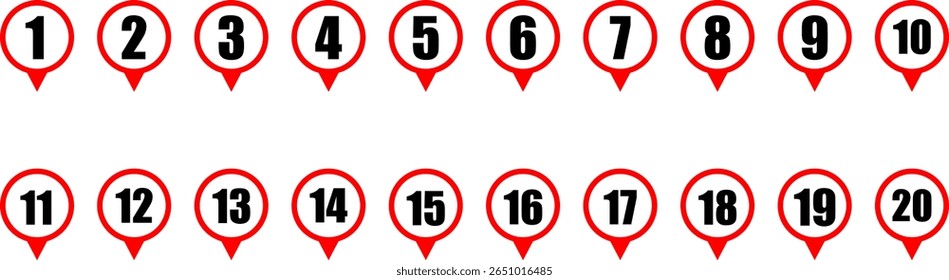 Location pin icons with number 1-20. Map point symbol. global positioning system. Numbered Map Pins. navigation and mapping use sign