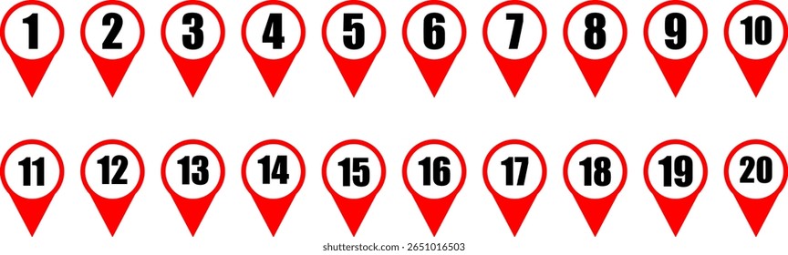 Location pin icons with number 1-20. Map point symbol. global positioning system. Numbered Map Pins. navigation and mapping use sign. simple and easily recognizable
