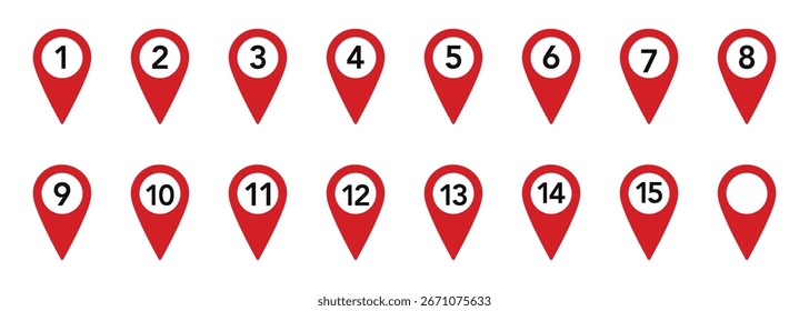 Iconos de pin de Locación con número. Conjunto de símbolos de marcador de mapa con Vector de 1 a 15 números.