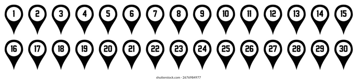 Iconos de pin de Locación con número. Conjunto de símbolos de marcador de mapa con 1 a 30 números. Ilustración vectorial.