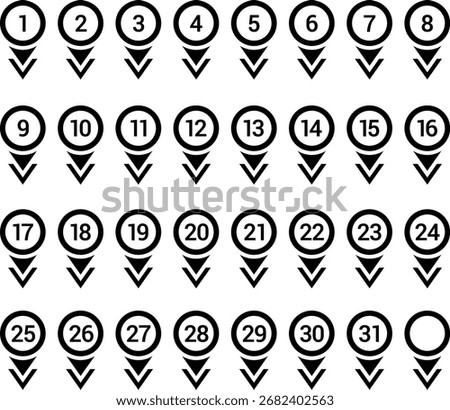 Location pin icons with number. Map marker symbol set with 1 to 31 numbers. Simple numbers icon set of numbers sign for Calendar, apps and website. Vector illustration.