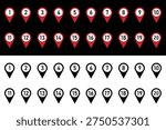 Location Pin Icons with Numbers 1–20, Map Marker Numbered Symbol Set, GPS Navigation Number Pins Collection, Transparent Vector Illustration