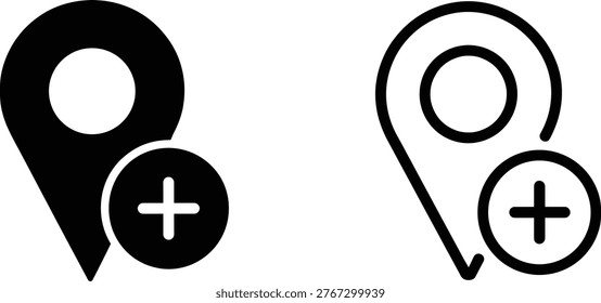 Location pin icons with plus symbol representing add new place, solid and outline designs for mapping, navigation, and user interface applications