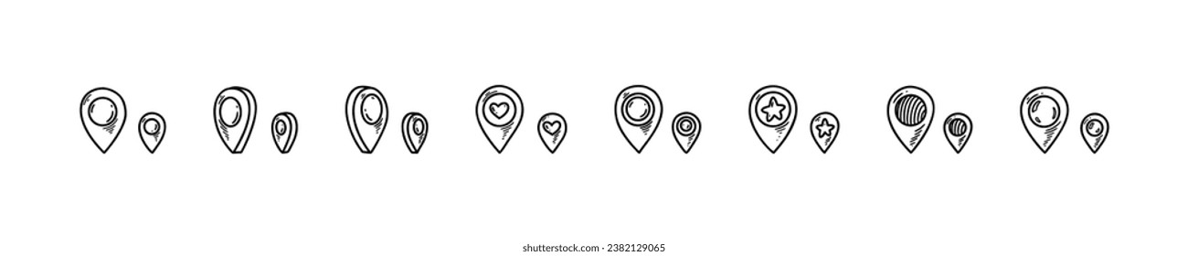 Location pin icons set. Doodle location marker. Sketch pinpoint. Hand drawn gps navigation mark. Destination position. Vector illustration