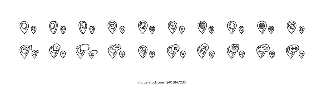 Location pin icons set. Doodle location marker. Sketch restaurant, gym, bar, airport, hospital, store, university pinpoint. Hand drawn gps navigation mark. 