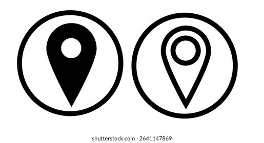 Location pin icons – simple vector map markers in circular and rounded frames