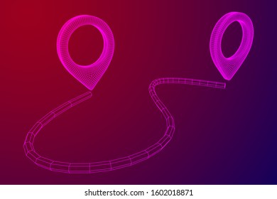 Location Pin Icons For Travel. Two Strait Location Pins Showing A Destination Moving From One Point To Another. Wireframe low poly mesh vector illustration