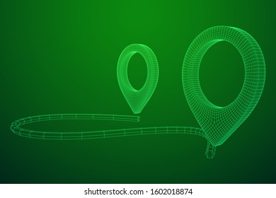 Location Pin Icons For Travel. Two Strait Location Pins Showing A Destination Moving From One Point To Another. Wireframe low poly mesh vector illustration