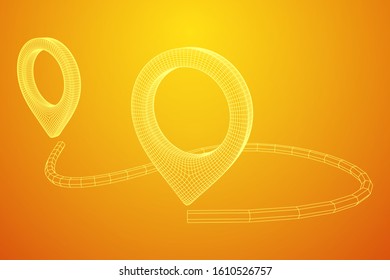 Location Pin Icons For Travel. Two Strait Location Pins Showing A Destination Moving From One Point To Another. Wireframe low poly mesh vector illustration