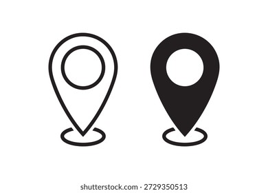 Vector de iconos de pin de Locación, símbolo de navegación GPS de marcador de mapa, contorno mínimo y puntero de Locación negro sólido establecido para interfaz de usuario App, Web, viajes y Dirección