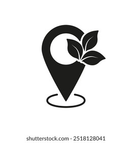 Location Pin with Leaves Silhouette Icon. Eco-Friendly and Sustainable Locations for Environmental Awareness. Isolated Vector Illustration.