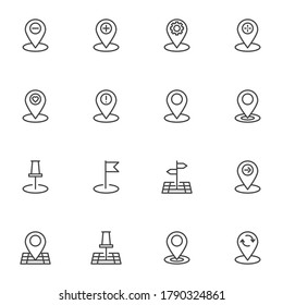 Location pin line icons set, outline vector symbol collection, linear style pictogram pack. Signs, logo illustration. Set includes icons as gps navigation marker, map pointer, favorite place position