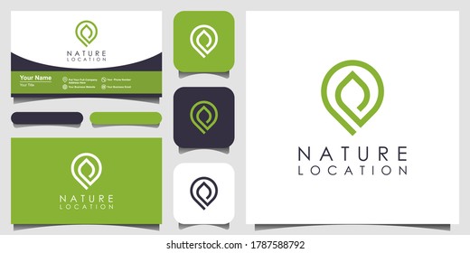 El diseño del logotipo del pin de localización se combina con hojas naturales. logotipo con arte de línea de estilo minimalista y diseño de tarjetas de visita