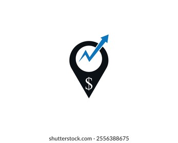 Location Pin Logo with Dollar Sign and Upward Arrow Symbolizes Financial Growth, Real Estate, and Location-Based Financial Services, Representing Progress, Investment, Regional Economic Advancement.