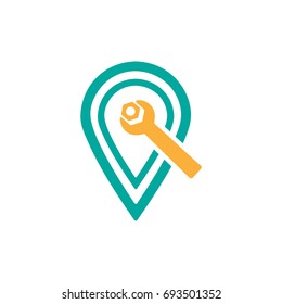 location pin logo with wrench and bolt vector illustration design