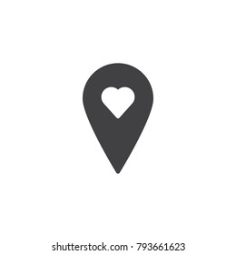 Location pin with love icon vector, filled flat sign, solid pictogram isolated on white. Heart pointer symbol, logo illustration.
